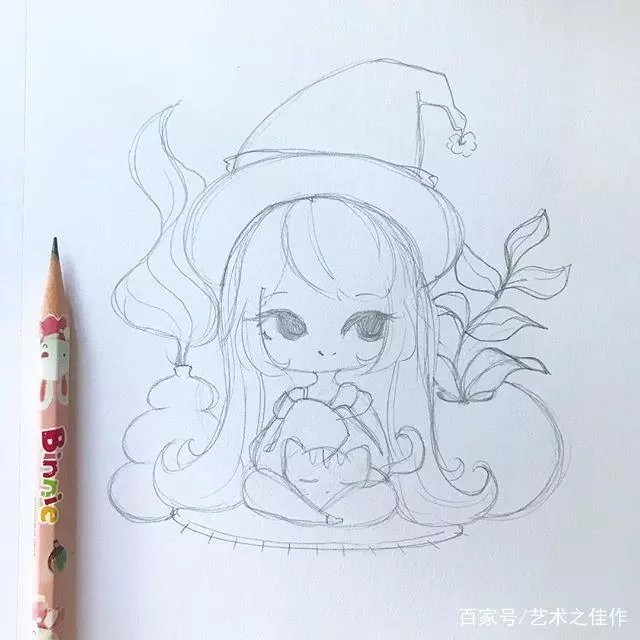 铅笔画 线稿 黑白 萌 小女孩 简单 新手