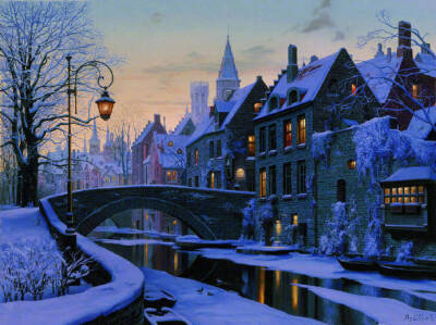 俄罗斯画家Evgeny Lushpin 冬夜之城油画作品欧洲城市的雪夜