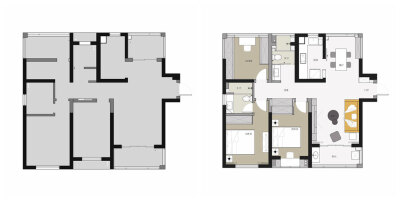 户型图and改造：本案户型方正，动线明朗，业主和长辈们都在同一小区，所以空间上只保留了两个卧室。整体配色以灰色为主轴，暖木棕、黛绿、靛蓝、粉色等根据不同空间需要进行搭配融入。除颜色外，所有柜体的造型语言…