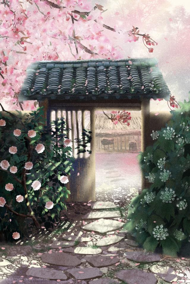 古风庭院，花草插画，古风背景图