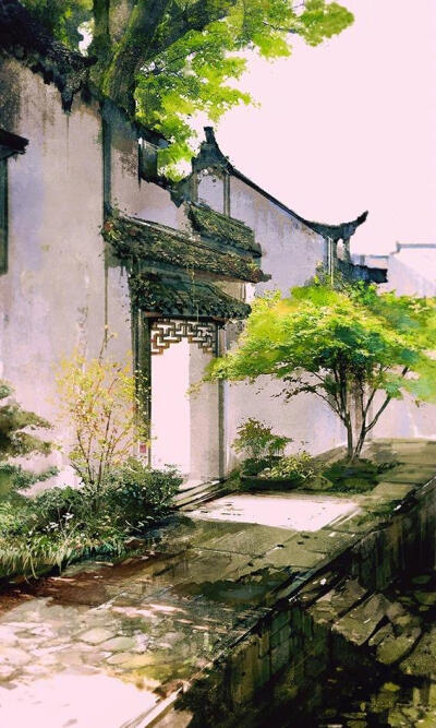 古风庭院，花草插画，古风背景图