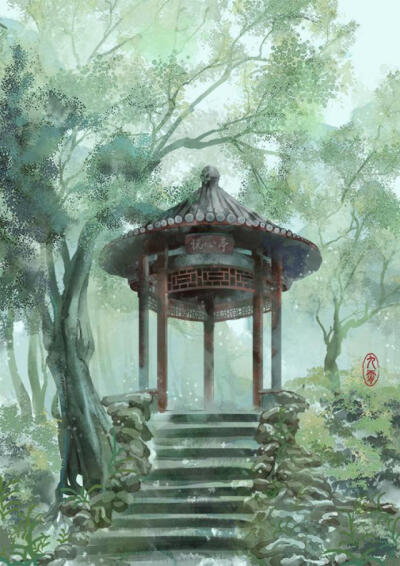 古风庭院，花草插画，古风背景图