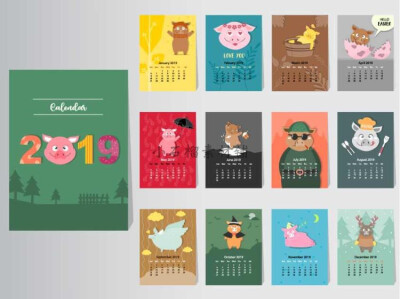 2019年新年猪年日历台历模板卡通动物背景AI矢量设计素材ai393