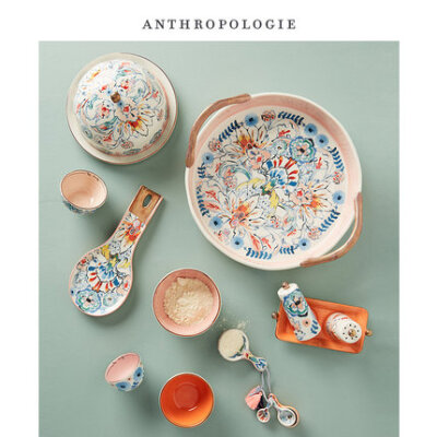 Anthropologie 陶瓷椒盐调味瓶 美国进口家用花朵图案创意调料瓶