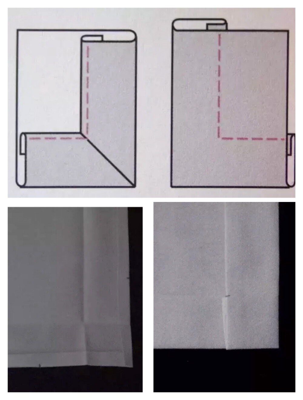 下面增加难度，三折边转角。
这里的三折边，指的是第一折没有折满的那种。折满的三折边转角处会过于厚，所以并不存在这种方法。
首先折叠好第一折。0.7cm左右就可以。
然后按照需要折叠第二层。然后向两折边那样做好记号。
展开第二折。
展开第一折，从转角点车缝到标记，不要过辙，第一折不要缝上。
然后平行于车缝线，保留0.7的缝份，咔嚓。
然后沿着缝线熨烫劈开缝份，形成图中样式。
翻回正面修整熨烫。
无论是两折还是三折。之后可采用暗扦的方法固定折边。如果是有里子的，就和里料扦缝上。
如果是需要压明线的，则在正面进行压线车缝。有里子的也一样。但是压明线时要注意使用珠针固定好。不然不会平整。