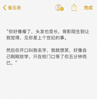 “你好像瘦了，头发也变长，背影陌生到让我觉得，见你是上个世纪的事。
然后你开口叫我名字，我就想笑，好像自己刚刚放学，只在校门口等了你五分钟而已