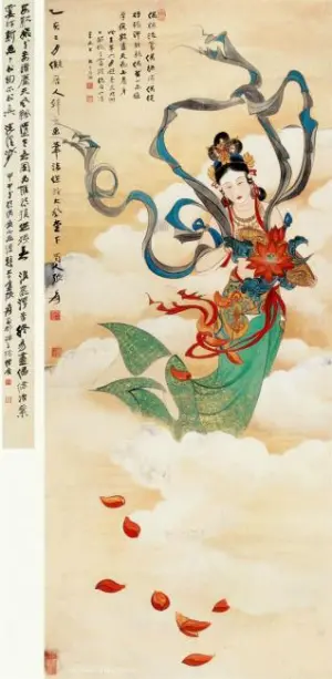 天女散花図 掛軸 168×65cm 当寺掛軸 木花咲耶姫 の絵が使用されます。新春・美しき百人一首への旅
