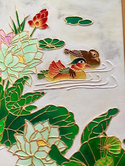 沥粉画 荷花鸳鸯图