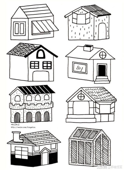 一组“房屋建筑”类手帐手绘素材。简单易学，来自桃涩桃涩，大家快来画各种各样的小房子！