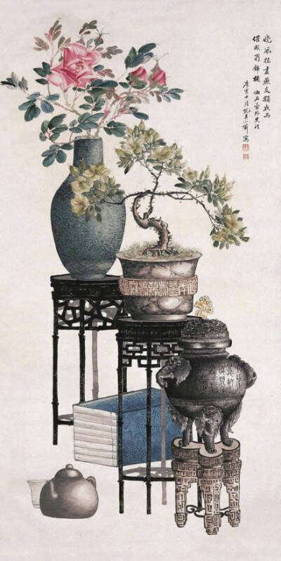 【古砖花供、清供、博古】中国传统工笔博古画，是一种摹写古代器物形状的绘画，或用古器物图形装饰的工艺品，都称"博古"。博古画由来已久，北宋大观年间宋徽宗命人编绘宣和殿所藏古物，定为"博古图"。后人将图画在器…