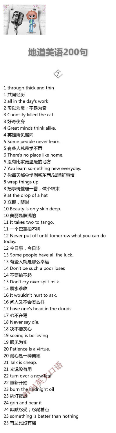 【地道美语200句】都是常用的口语内容，大家可以有选择练习，制定自己的背诵学习计划，更加熟练的掌握！ ​​​​
