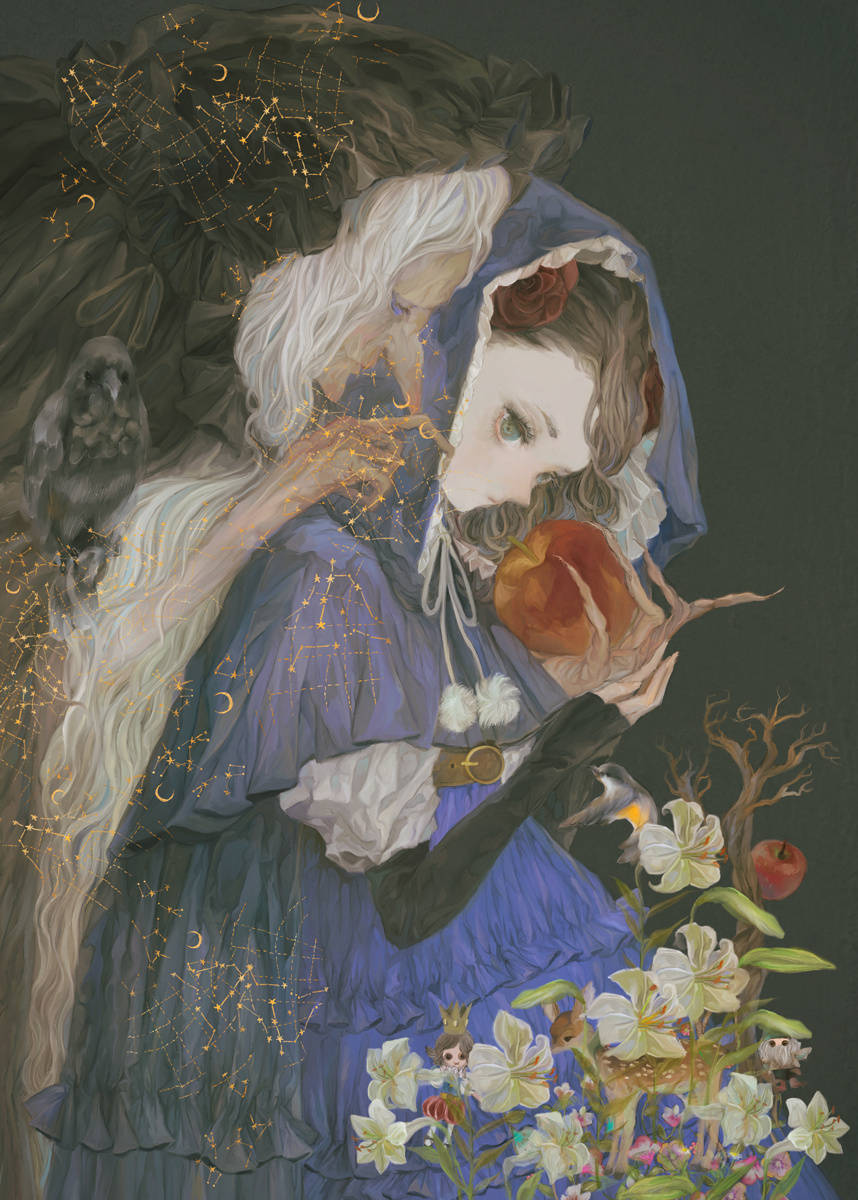 插画白雪公主童话少女画师夜汽车