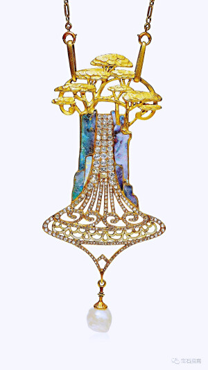 欧泊、钻石、珐琅配珍珠'CEDARS'吊坠项链
GEORGES FOUQUET设计，1901年