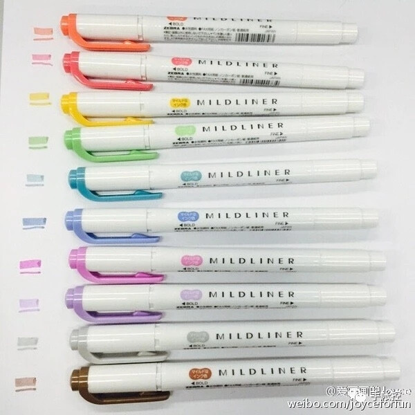 三、水彩笔
（一）ZEBRA MILDLINER
手帐小伙伴都很熟悉的mildliner。双头水彩笔，颜色淡雅，可做记号用，也可以做写写画画上色用。有时候时间不多，手帐颜色就用mildliner涂。（如下图）
