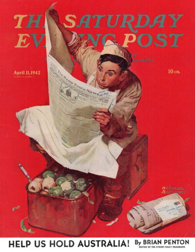 1940年代Norman Rockwell为《Saturday Evening Post》杂志创作的封面，配色非常经典。