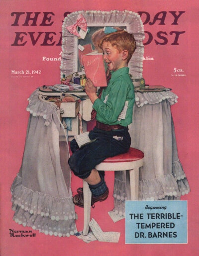 1940年代Norman Rockwell为《Saturday Evening Post》杂志创作的封面，配色非常经典。