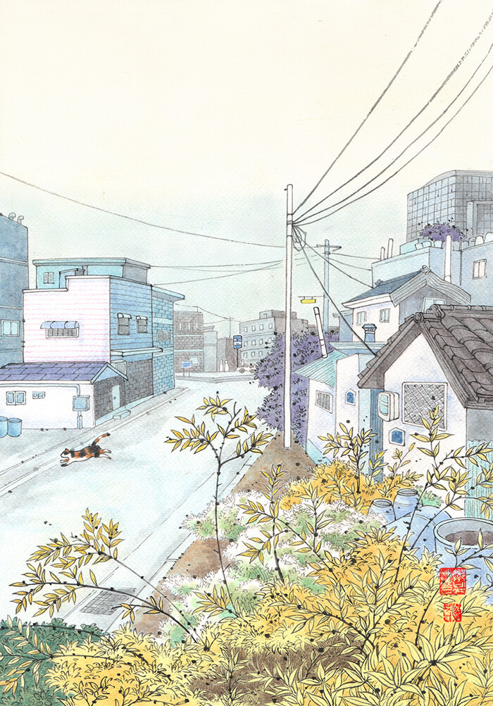 街道场景淡彩插画韩国画师binna1012作品