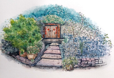 山居小屋钢笔淡彩 新年应景画