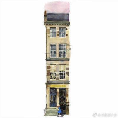 这些细长的建筑立面水彩作品来自画家Wil Freeborn，表现的是来自苏格拉的一些最好的咖啡店，其中五个来自格拉斯哥（Glasgow），五个来自爱丁堡（Edinburgh ），其余的来自 Isle of Skye。#求是爱设计#