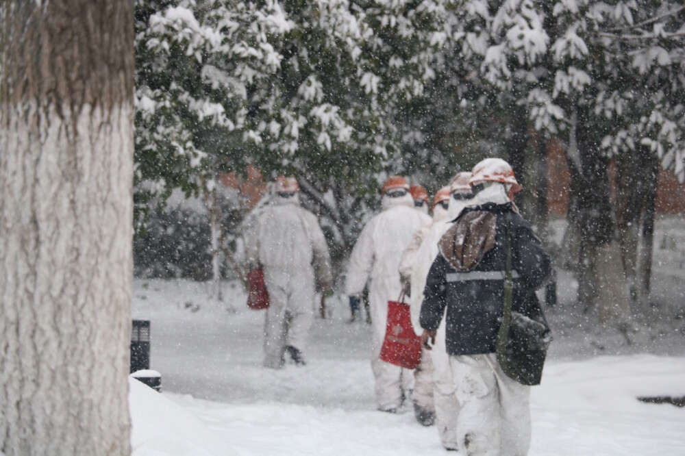 2018.12.30
首先让我振奋的是南方的雪，改变了我以往对南方的一种误解与偏见。
再就是踏着白雪归家的工人，白工服、安全帽和身上的印记与雪的照应，我在想如果背景是干干净净的没有树与绿叶，或许这种主题可以表现的更突出。