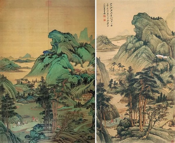 张大千《江堤晚景》
(左)1950年秋临双拼绢本 (右)1950年秋在大吉岭的缩临本
1950年在印度大吉岭就曾再次作有两本:一本为缩临本，在一套临古册页中，后赠与好友高岭梅;一本为双拼绢本，后留赠夫人徐雯波。