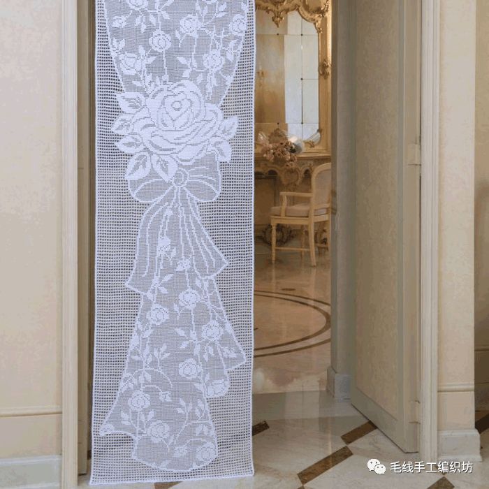 钩针方格编玫瑰图案 唯美蕾丝帘饰编织图解