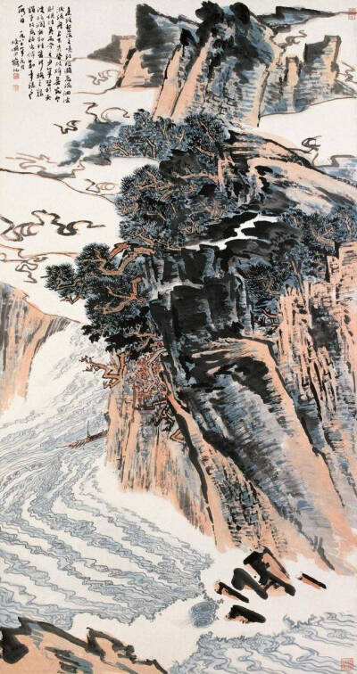 陆俨少《峡江急湍》
陆俨少最擅长画三峡，这是他在抗战胜利后搭乘木筏东归返沪，涉险三峡，体验生活的成就。抗战胜利后，高官富豪、接收大员纷纷离渝而去。然陆俨少一家九口，买不起机票和船票，正为此日夜犯愁，恰…