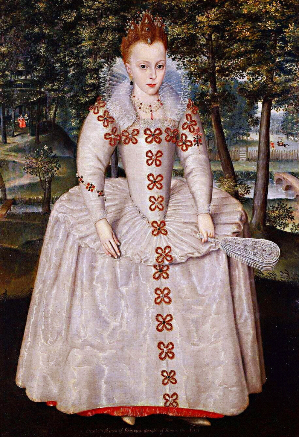 伊丽莎白·斯图亚特（1596~1662，英王詹姆斯一世之女，帕拉丁选帝侯夫人，短暂地当过波西米亚王后）一生经历的时尚变迁，从少女时的文艺复兴末期英国流行的拉夫领和轮状裙撑配高发髻，到之后的大片蕾丝领子、高腰裙与裂口泡泡袖配蘑菇头，再之后的巴洛克款大圆领和蓬松袖子配垂落发卷，整个人的造型发生天翻地覆的变化。