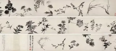 陈栝《四时花卉图》
纸本水墨，29×551.8cm，1526年
陈栝《四时花卉图》是这次“大千三十年”特展众多作品里面，最打动我的作品。首先这幅作品的题材和尺度在现代的极简空间特别容易呈现出来，在城市生活中营造自然…