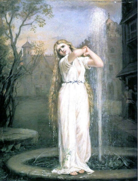 约翰·威廉姆·沃特豪斯（John William Waterhouse）
《Undine》1872
Undine一般被认为是水之精灵，虽然拥有于人类的外形，但却缺乏人类的灵魂，为了实现永生，她们必须通过嫁给人来获得永生。但如果遇人不淑，对方不忠心，她便会消亡。