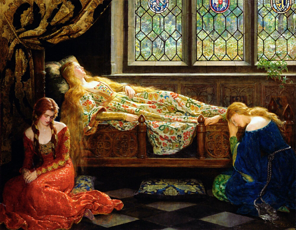 John Maler Collier, Sleeping beauty, 1921
主题：睡美人、等待爱情
睡美人的故事都应该很熟悉啦，因为女巫的诅咒应验而陷入长久睡眠的公主，等待爱情之吻的唤醒。