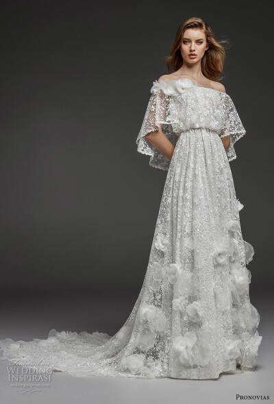 Atelier pronovias 2019新娘的肩膀直交领口充分点缀blouson浪漫波西米亚风线婚纱礼服