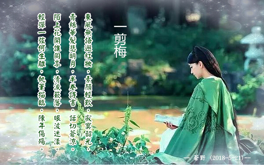 迭花漫雨香如見，焚盡輪回不可窺，婀娜同坐更含羞，寸結在衣出清顏。乾枯的記憶，只為一世的相守，五百年、一千年……春殘花落埋豔骨，舊煙顧望多妖麗，殘破的外身素心忘歸，前朝的煙雨拂袖而去，斷橋的朦朧月色一夢千年。