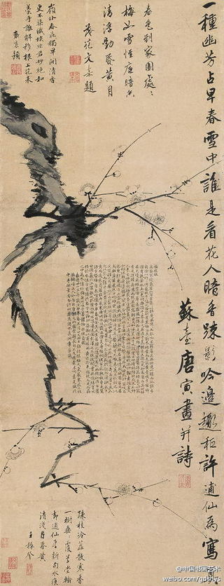 明 唐寅《墨梅》--- 此幅以枯笔焦墨画梅花枝干，皴擦纹理，表现梅枝苍劲虬曲的姿态；以浓淡相间的水墨点画花朵，以谨细之笔画出花蕊，笔法刚健清逸，表现出梅花清丽脱俗的风貌，题诗洒脱清秀，相得益彰。(392×1024)