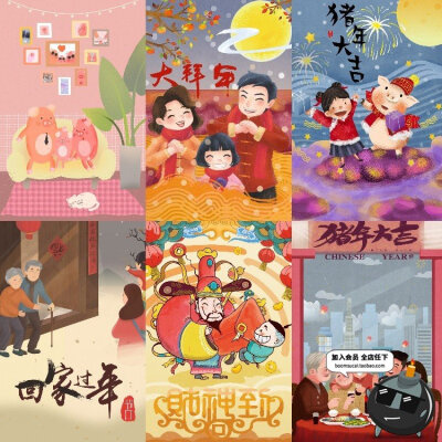 2019新年喜庆手绘猪年插画新春快乐元宵海报