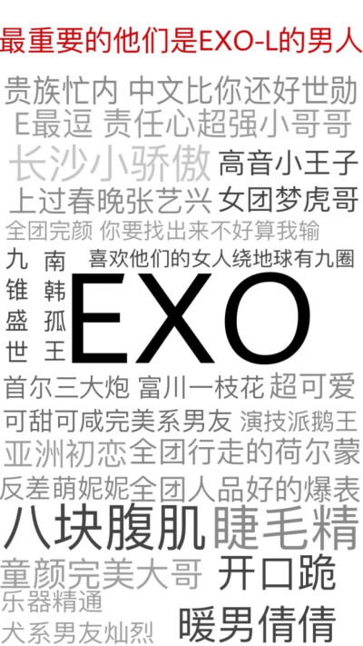 EXO 明星 壁纸 文字控
金珉锡 金俊勉 张艺兴 边伯贤 金钟大 朴灿烈 都暻秀 金钟仁 吴世勋