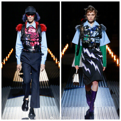 Prada 2019秋冬系列Ⅰ由灯泡排列成网状T台，Prada基金会大楼的多功能厅犹如一间科学实验室，光怪陆离的空间里竟然上演着浪漫场景。这是要“逼死”单身人士呀！