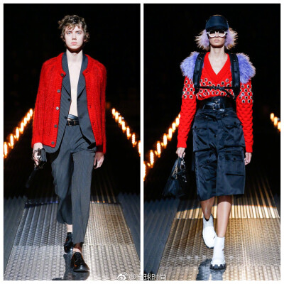 Prada 2019秋冬系列Ⅰ由灯泡排列成网状T台，Prada基金会大楼的多功能厅犹如一间科学实验室，光怪陆离的空间里竟然上演着浪漫场景。这是要“逼死”单身人士呀！