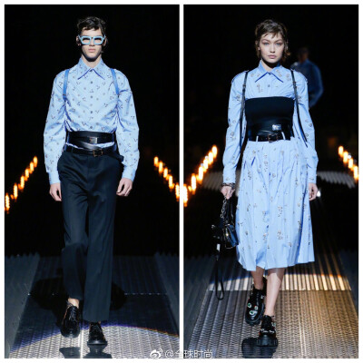 Prada 2019秋冬系列Ⅰ由灯泡排列成网状T台，Prada基金会大楼的多功能厅犹如一间科学实验室，光怪陆离的空间里竟然上演着浪漫场景。这是要“逼死”单身人士呀！