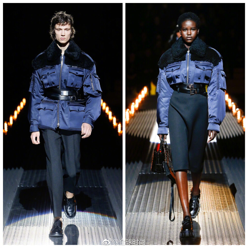 Prada 2019秋冬系列Ⅰ由灯泡排列成网状T台，Prada基金会大楼的多功能厅犹如一间科学实验室，光怪陆离的空间里竟然上演着浪漫场景。这是要“逼死”单身人士呀！