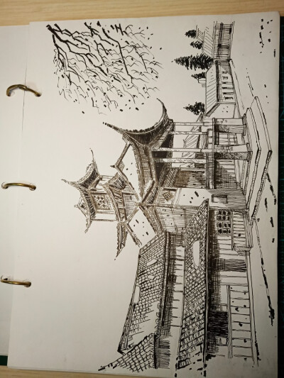 钢笔画，郑昌辉临摹，建筑，中国古镇