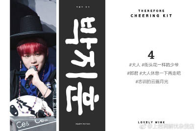 LW Therefore KIT
cr. lovelywink_ 0529
构成：反光手幅，拉链袋，小卡，透卡，圆形贴纸，随机特典