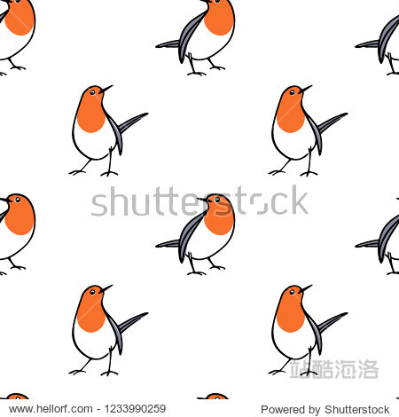 Vector seamless pattern with hand drawn cute robins. Ink drawing beautiful animal design elements.