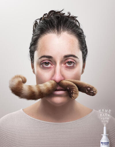 鼻炎过敏的痛苦感觉，一则缓解鼻子过敏药物的平面广告