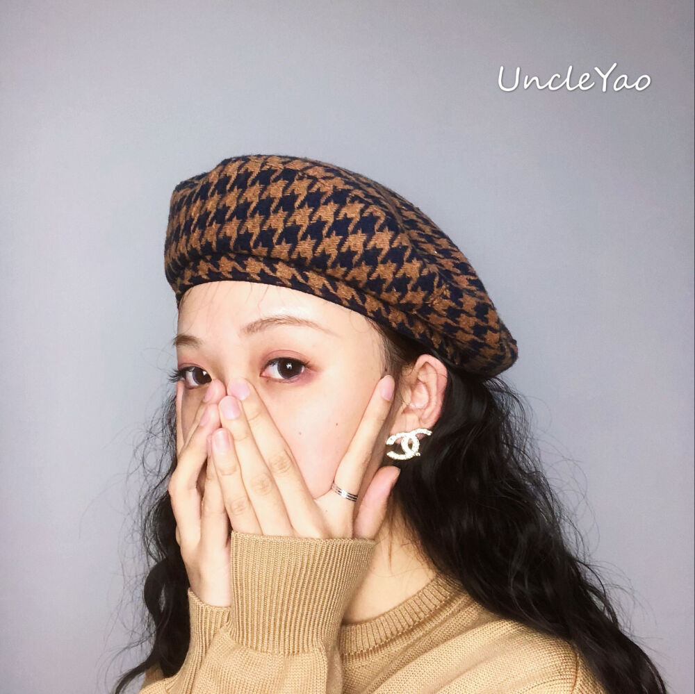 UncleYao摩登复古年代感洋气千鸟格纹贝雷帽百搭毛呢画家帽女秋冬