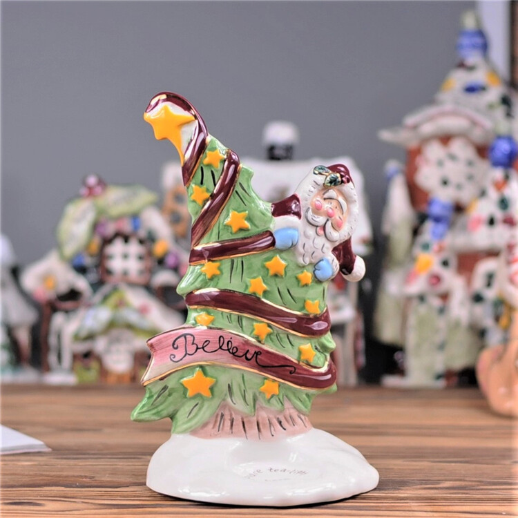 外贸陶瓷手绘立体圣诞老人Blue Sky原单烛台家居装饰品摆件