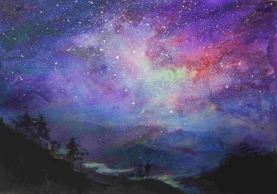 儿童画 写生 速写 重彩 色彩 黑白 创意 水彩 星空 极光 北极光 月球 星球 星夜 月夜 山 湖水 城市