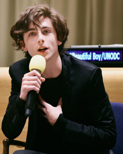 甜茶Timothée Chalamet在联合国总部宣传Beautiful Boy