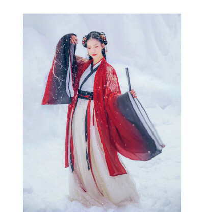 汉尚华莲传统汉服女装赤魂凤凰珠绣大袖褙子红黑渐变外披秋冬
