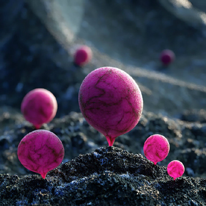 数字艺术家David Brodeur创作的“天体系列”的一部分，呈现了一个美妙的外星世界，上面充满了浆果植物、发光的水晶、长在地上的糖果形状的球体，怪异而又美丽。看起来真好吃。